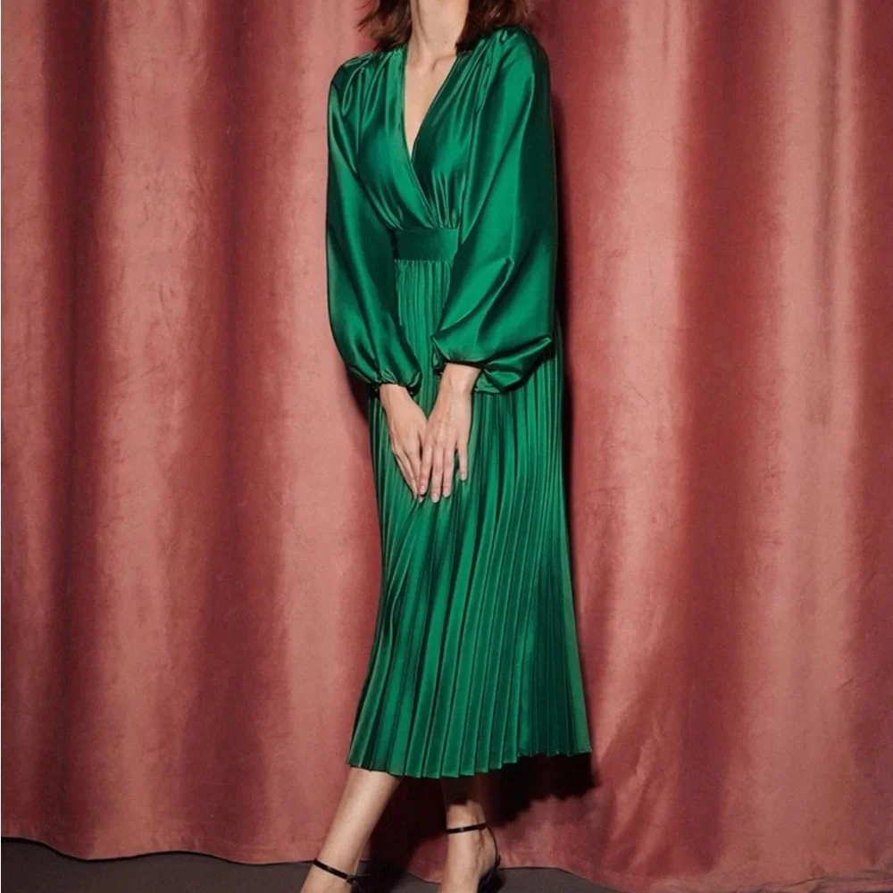 Luxe lantern sleeve pleated thigh party evening formal dress
